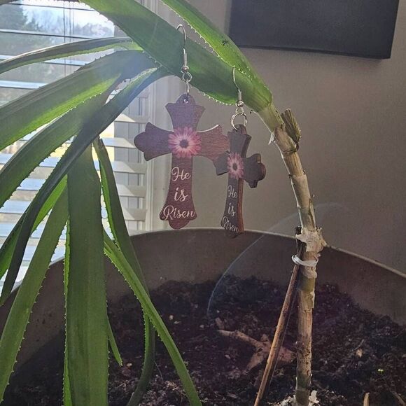 Wooden Religious Cross Earrings - Picture 2 of 2